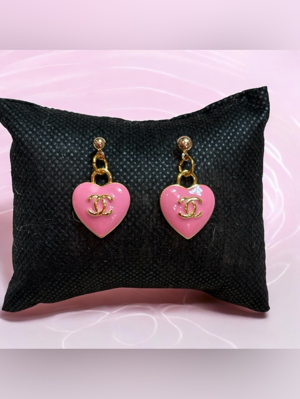 CC Upcycled Stamped Pink Heart Dangle Earrings with Gold CC Logo
